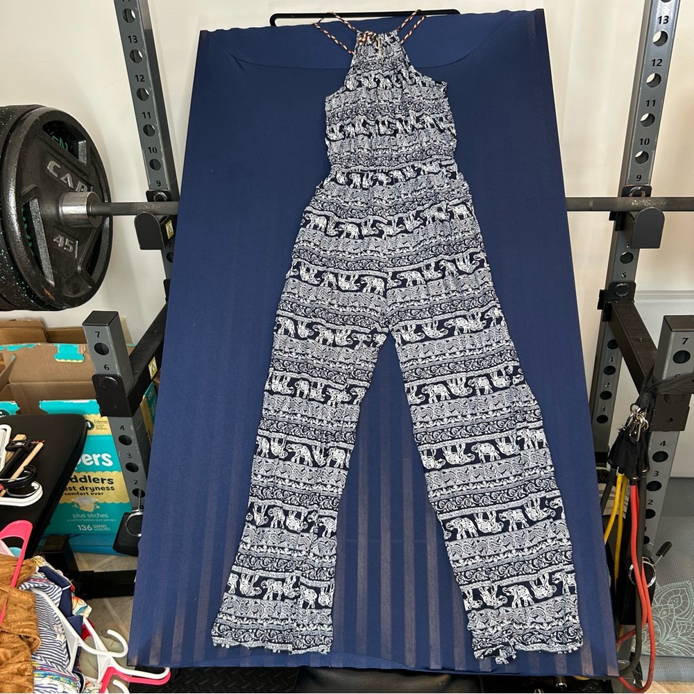 Navy and White Women’s Custom Made Patterned Jumpsuit,‎ Size S, no brand